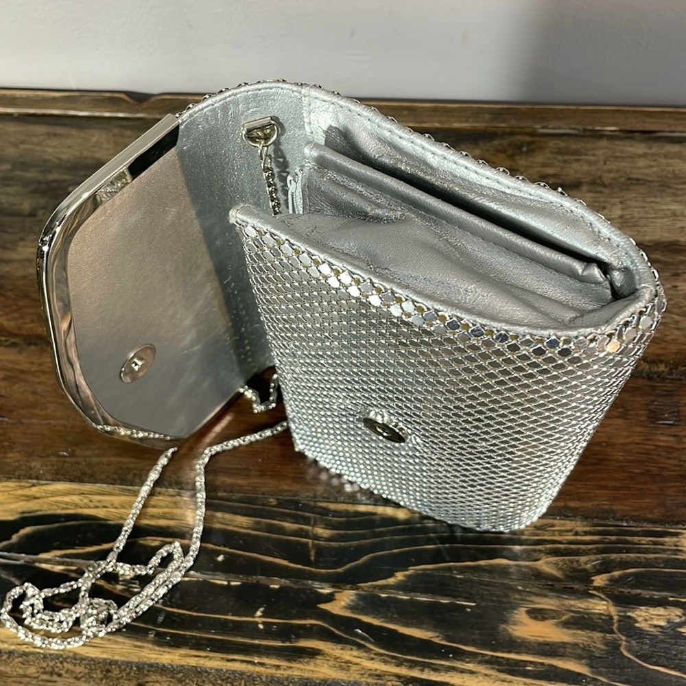 Mind Handbags Incorporated shiny silver clutch purse with chain - some staining - Picture 15 of 17